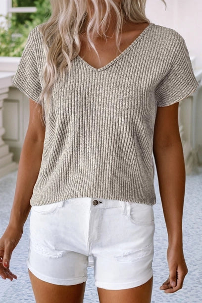 Ribbed Short Sleeve V Neck Colorblock Bow Back Top