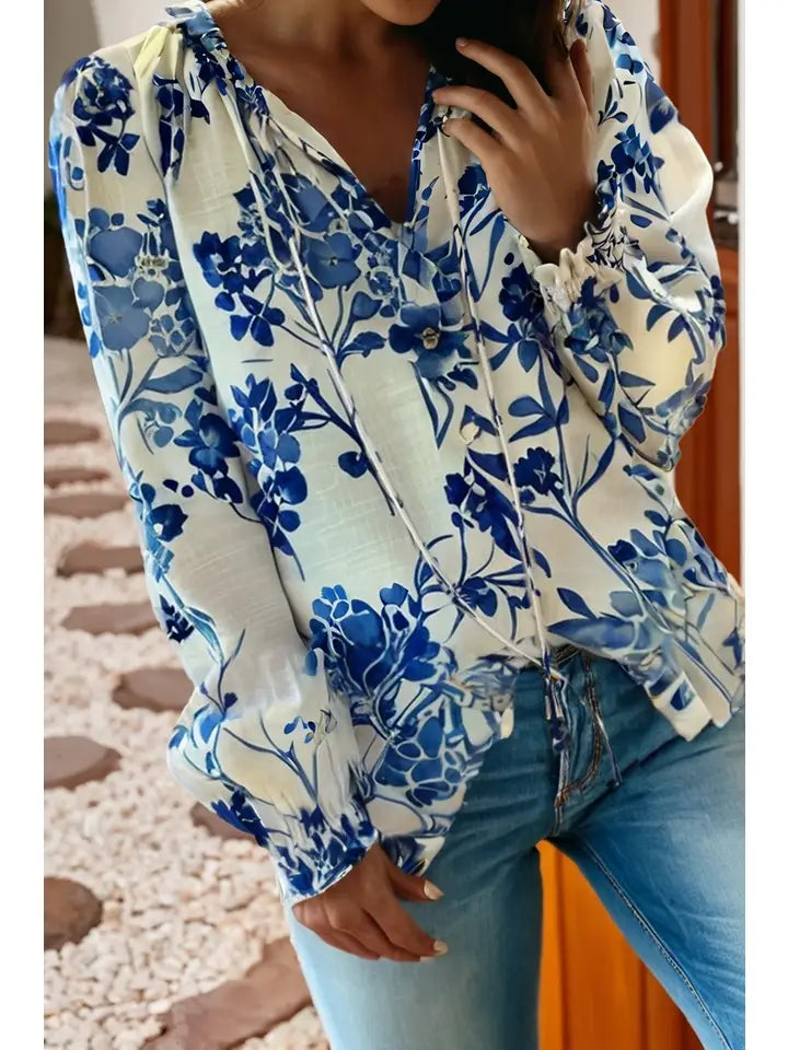 Floral Long Sleeve Lace-Up V Neck Blouse