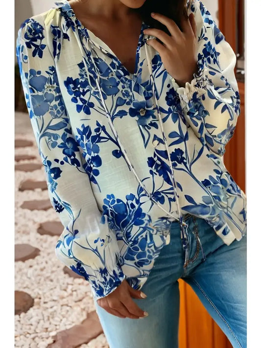Floral Long Sleeve Lace-Up V Neck Blouse