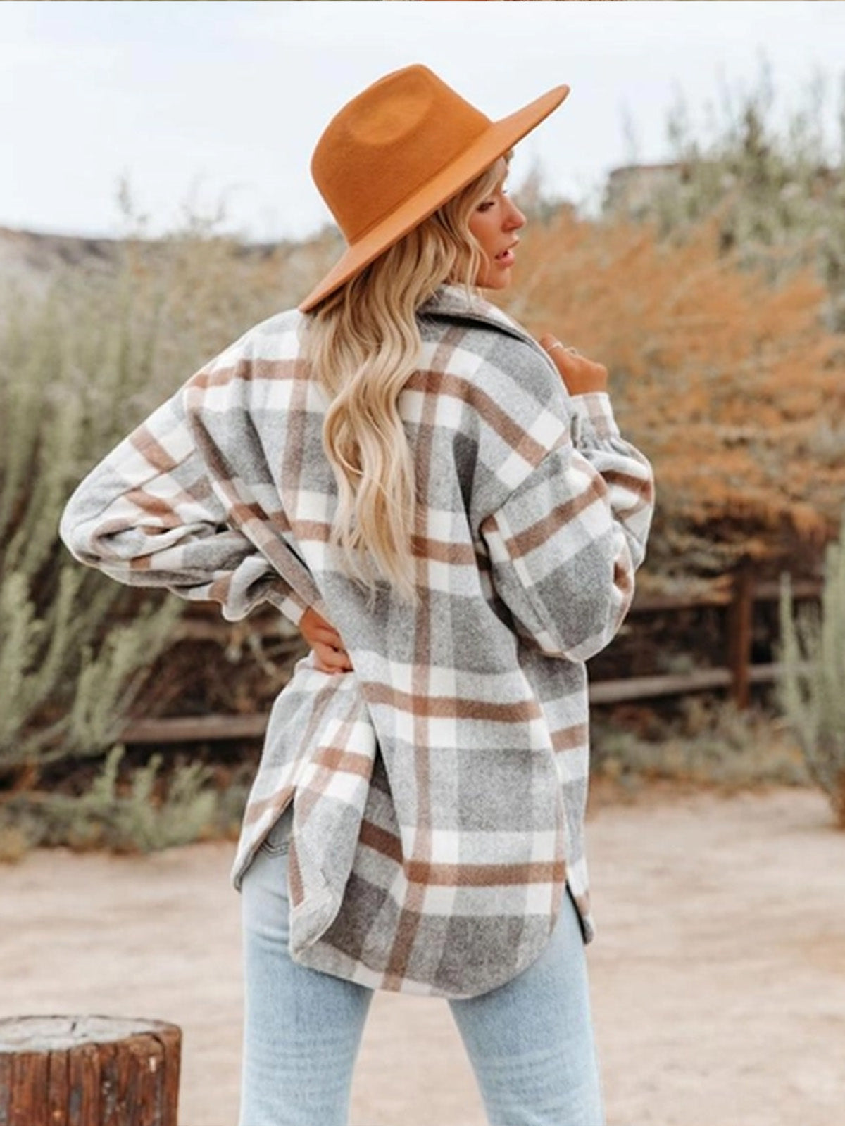 Casual Plaid Flap Pockets Shacket-light gray and brown