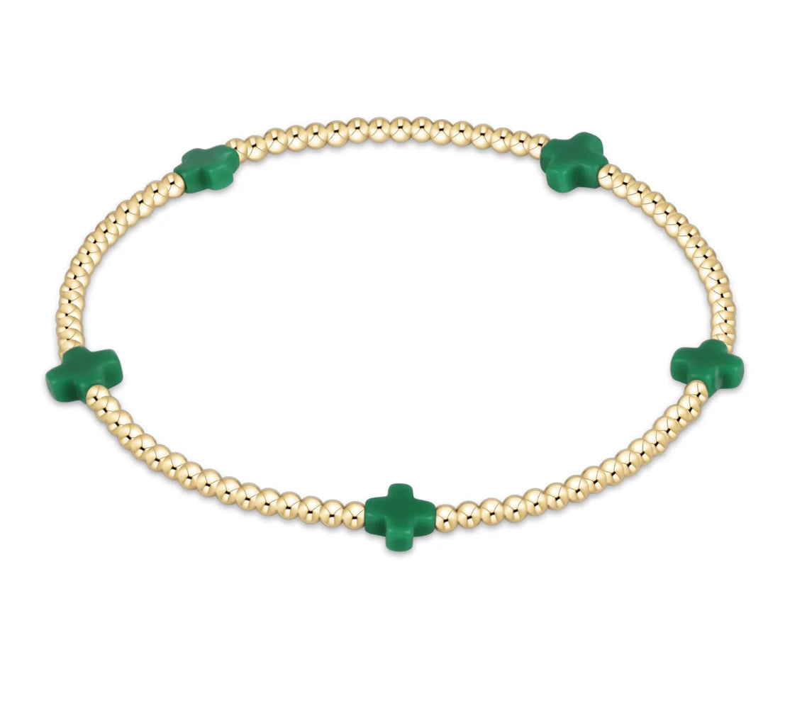 Signature Cross Small Gold Pattern 2MM Bead Bracelet - Emerald