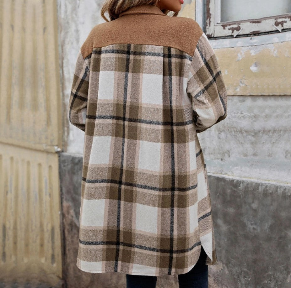 Women's Polished Plaid Long Coat XL, - Coffee color,