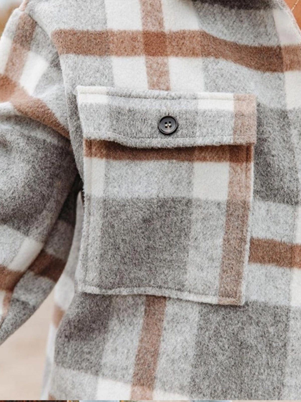 Casual Plaid Flap Pockets Shacket-light gray and brown