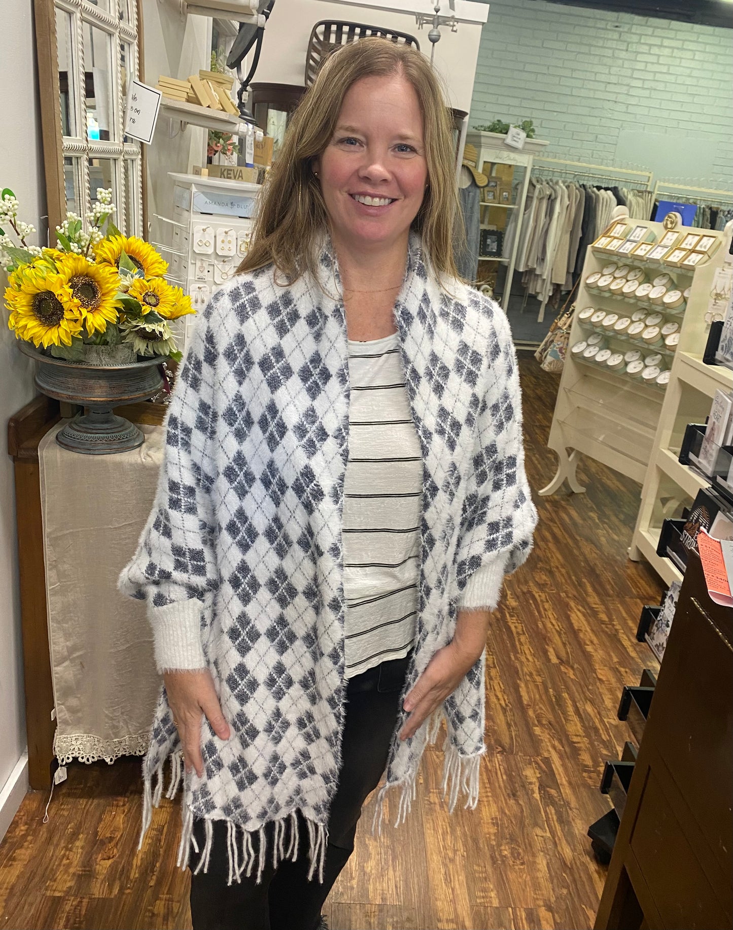 Grey Argyle Shawl W/Sleeves