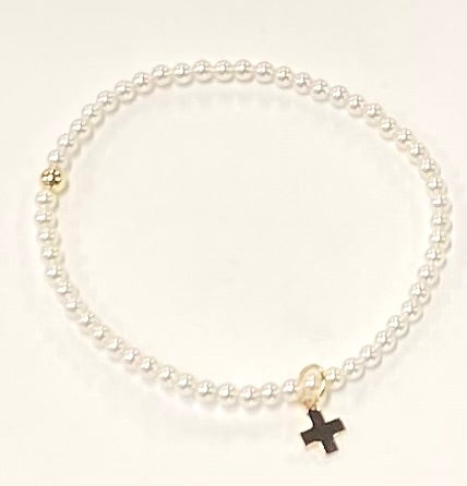 Classic Pearl 3mm Bead Bracelet with Gold Cross