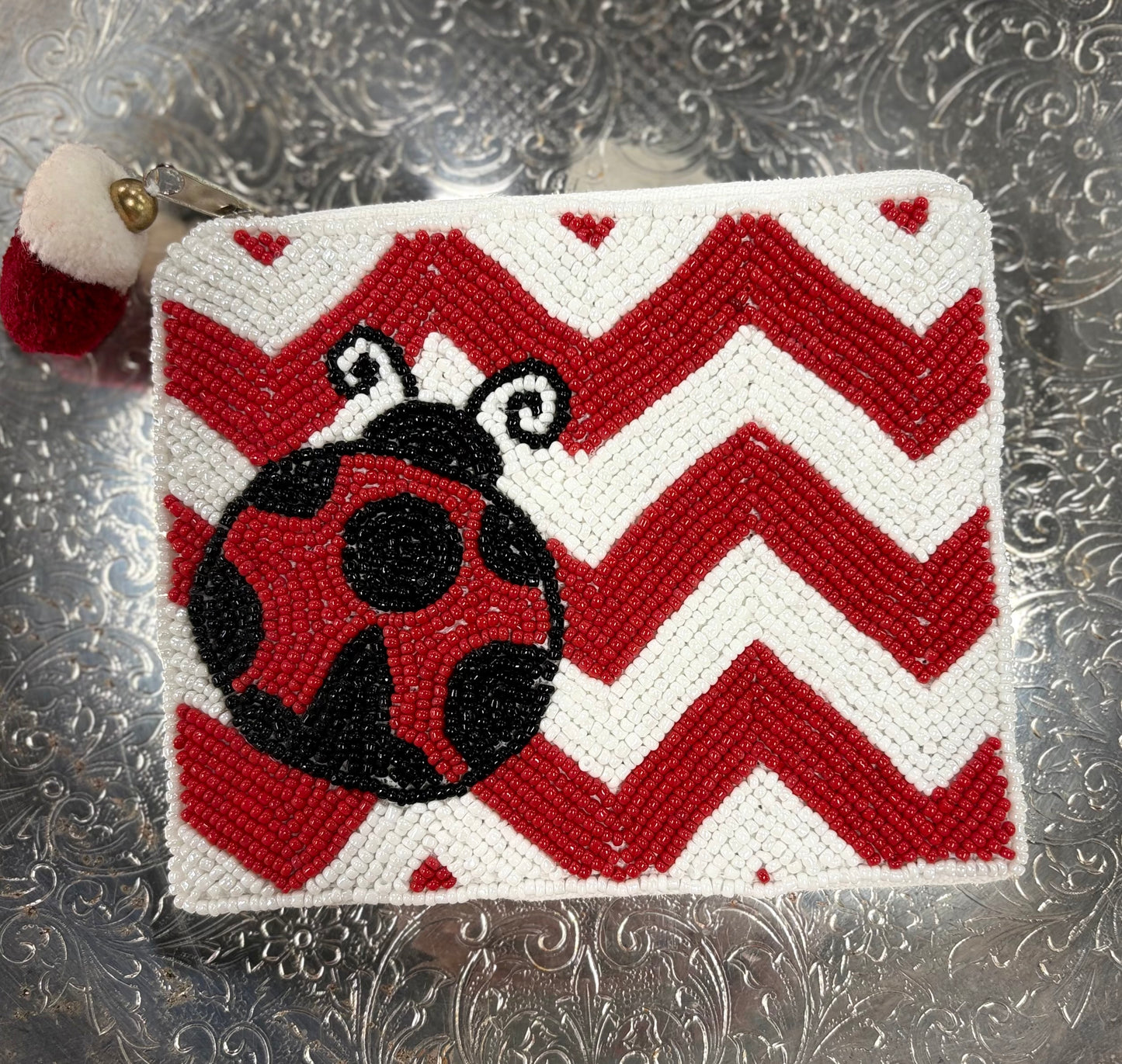 Lady Bug & Chevron Beaded Coin Purse