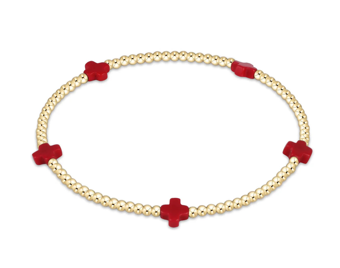 Signature Cross Small Gold Pattern 2MM Bead Bracelet -Red