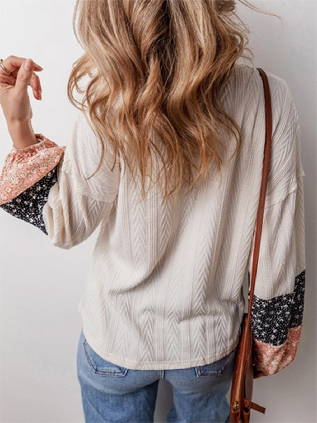 Floral Patchwork Textured Knit Drawstring V-Neck Blouse