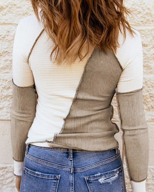 Irregular Color Block Seaming Trim Rib Knit Top