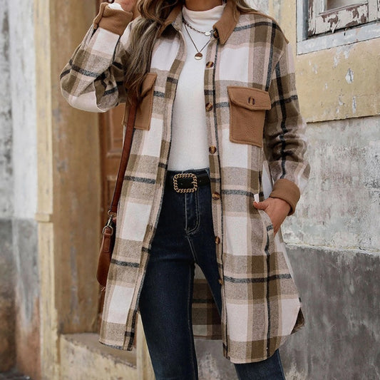 Women's Polished Plaid Long Coat XL, - Coffee color,