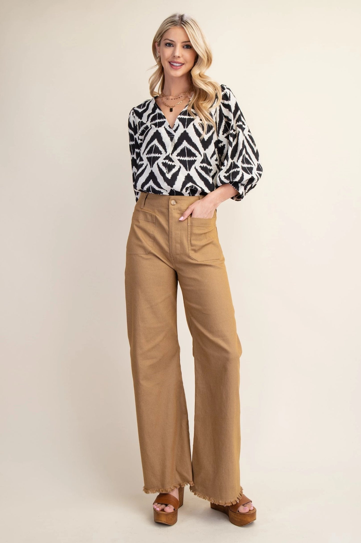 High Waisted Flared Pants with Frayed Hem*