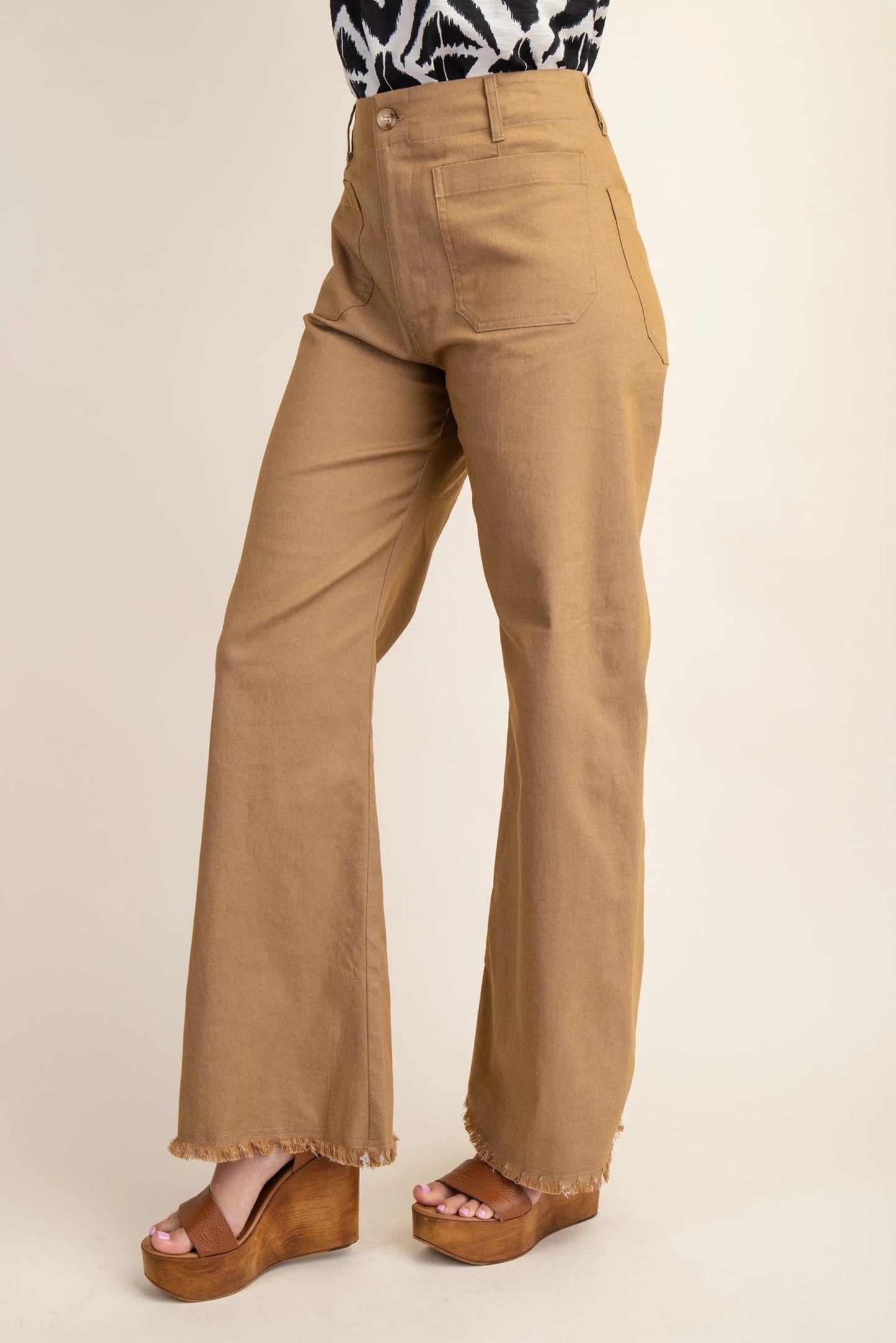 High Waisted Flared Pants with Frayed Hem*