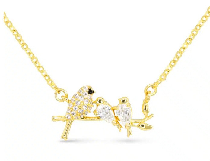 Gold CZ Three Birds on a Branch Necklace