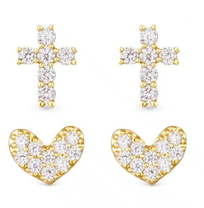 Pave Cross and Heart Duo Earring Set – Gold