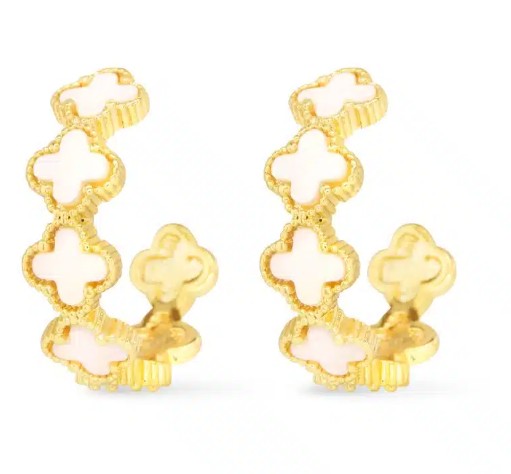 Gold Mother Of Pearl Clover Hoop Earrings