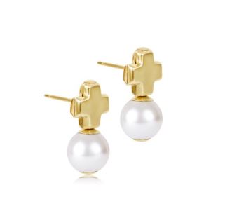 Signature Cross Beaded Small Gold Stud -Classic Pearl