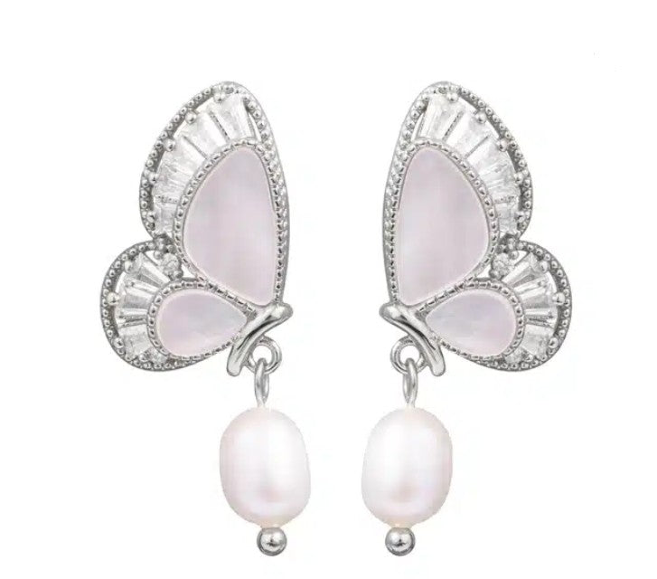 Fancy CZ Pearl MOP Bufferfly Earrings – Silver