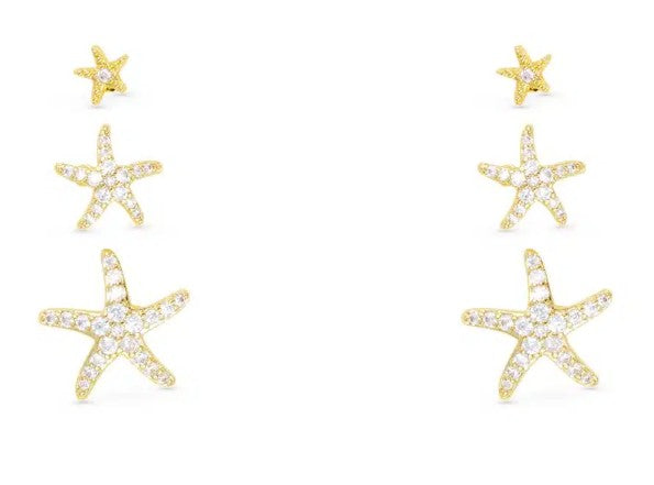 Gold CZ Starfish Trio Earrings