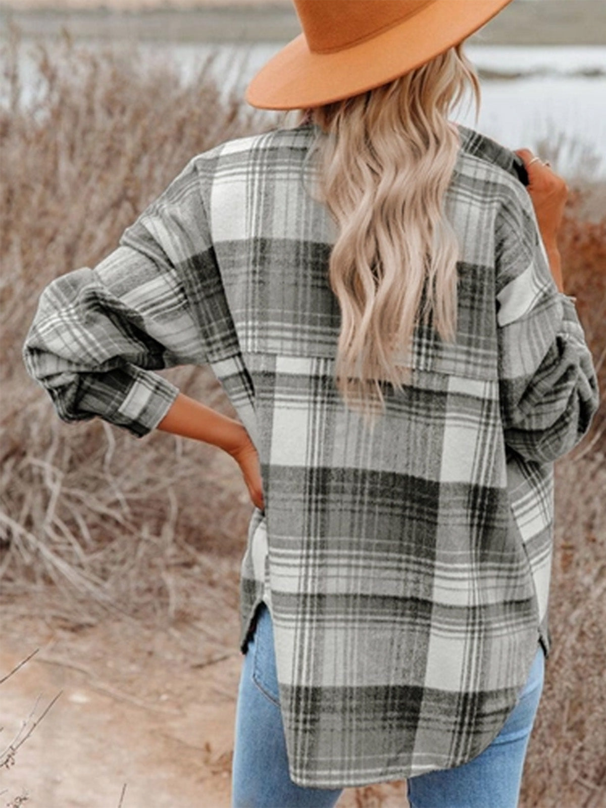 Casual Plaid Flap Pockets Shacket-medium Gray