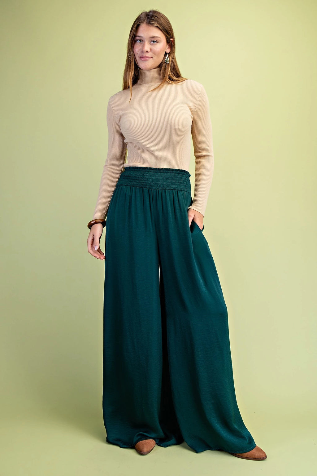 Washed Satin Wide Legged Pants with Waist Smocking