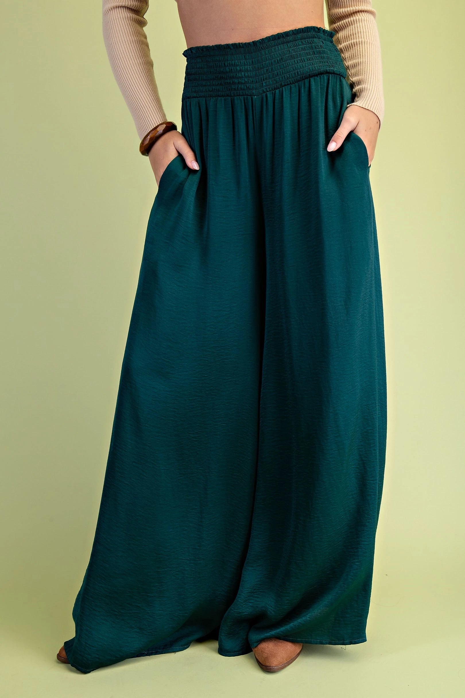 Washed Satin Wide Legged Pants with Waist Smocking