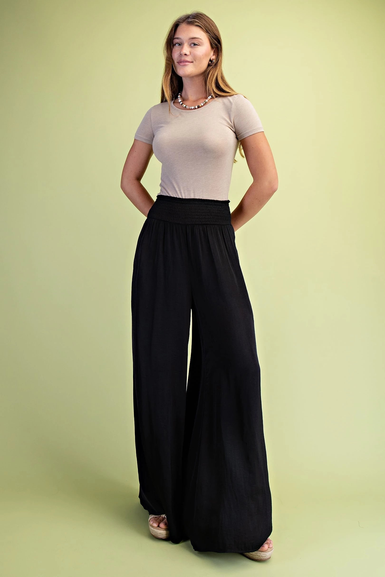Washed Satin Wide Legged Pants with Waist Smocking