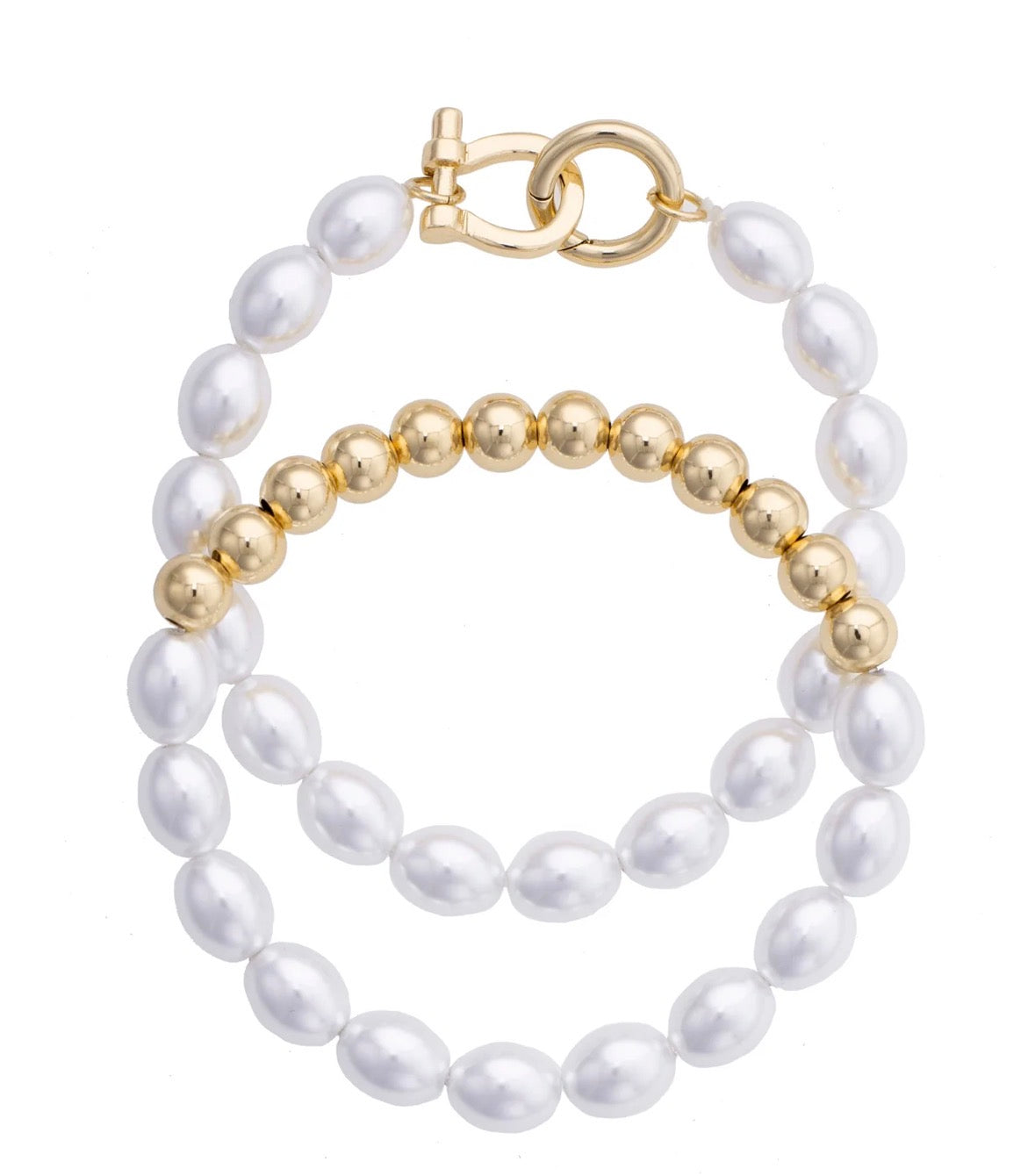 Celia Pearl & Ball Bead Stretch Bracelet Set of 2 in Ivory
