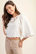 Embroidered Cutout Bell Sleeve Crop top with Back Tie