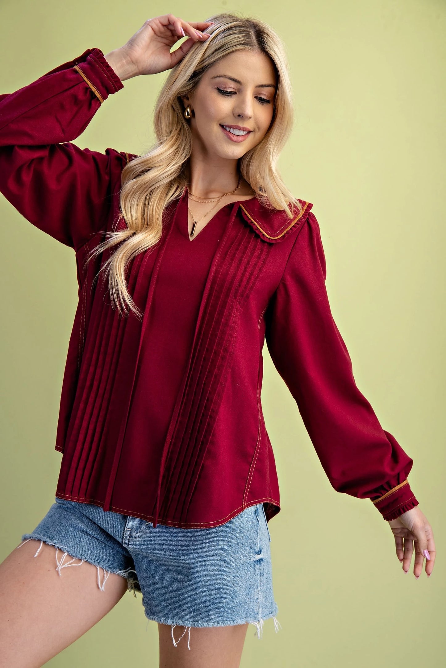 Pleated Linen Long Sleeve Top with Ruffle and Piping Details