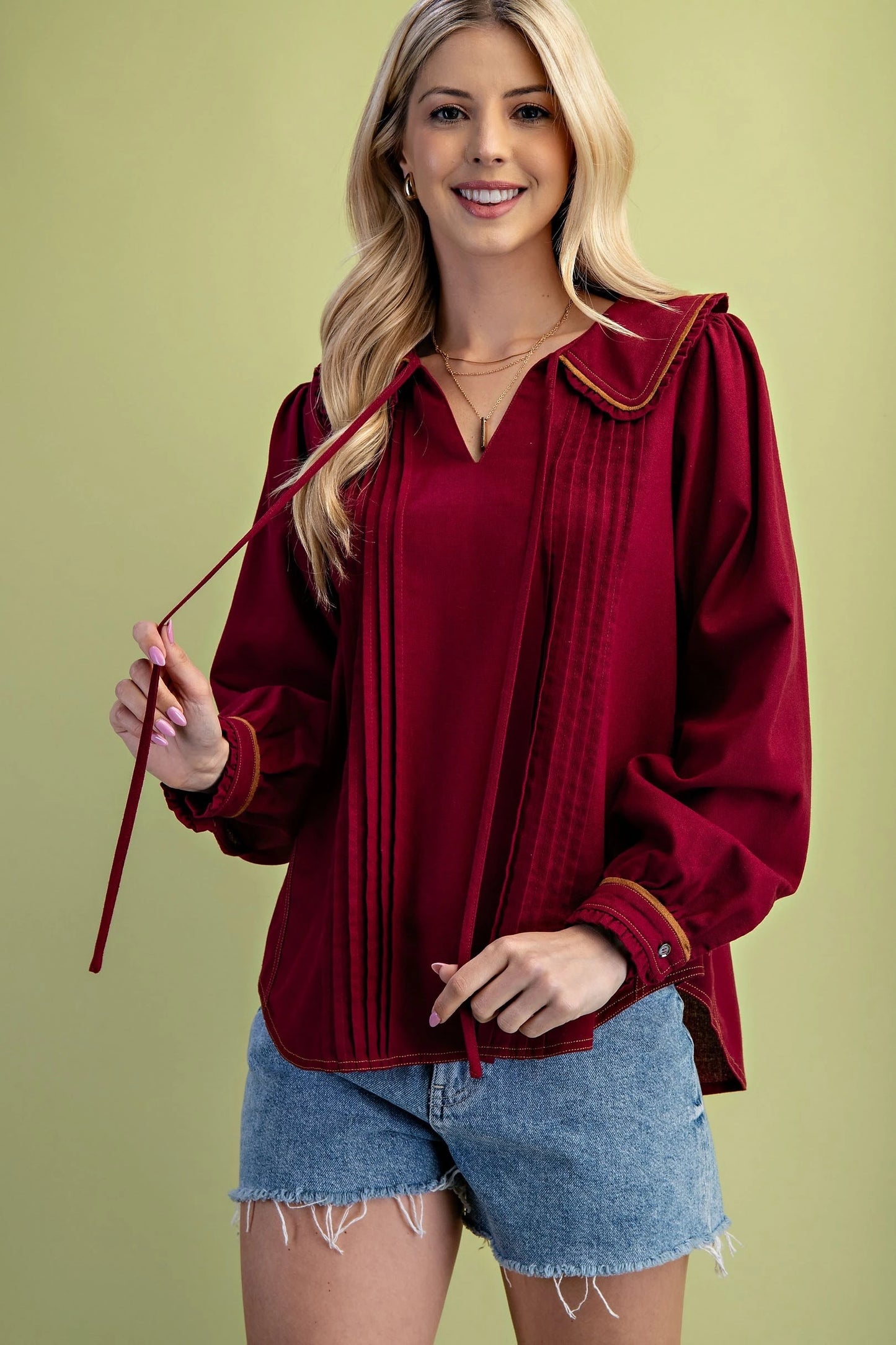 Pleated Linen Long Sleeve Top with Ruffle and Piping Details