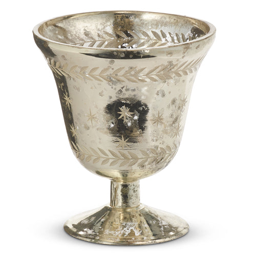 Etched Silver Mercury  Glass footed Vase