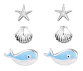 Whale, Starfish, and Shell Trio Post Earring Set – Silver