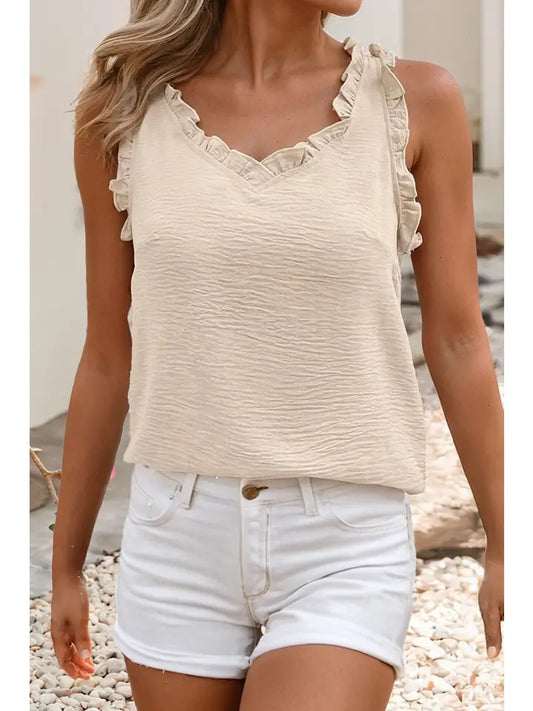 Textured Frilly Trim V Neck Sleeveless Top