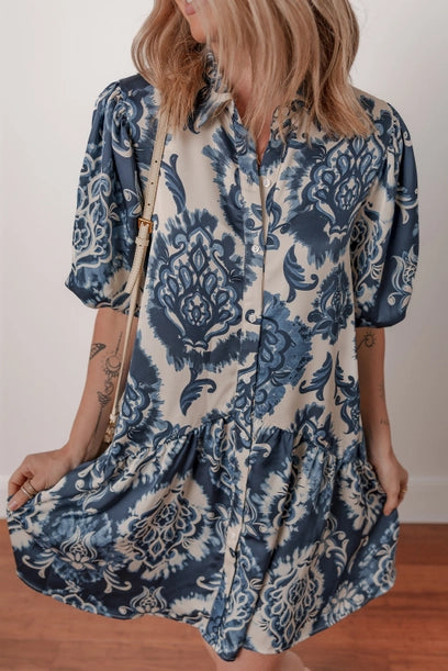 Boho Floral Print Buttoned Collared Loose Fit Mini Dress