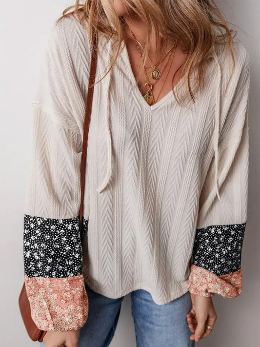 Floral Patchwork Textured Knit Drawstring V-Neck Blouse