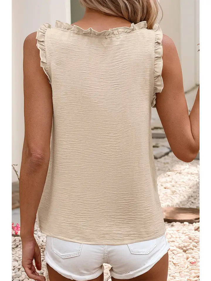 Textured Frilly Trim V Neck Sleeveless Top