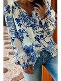 Floral Long Sleeve Lace-Up V Neck Blouse