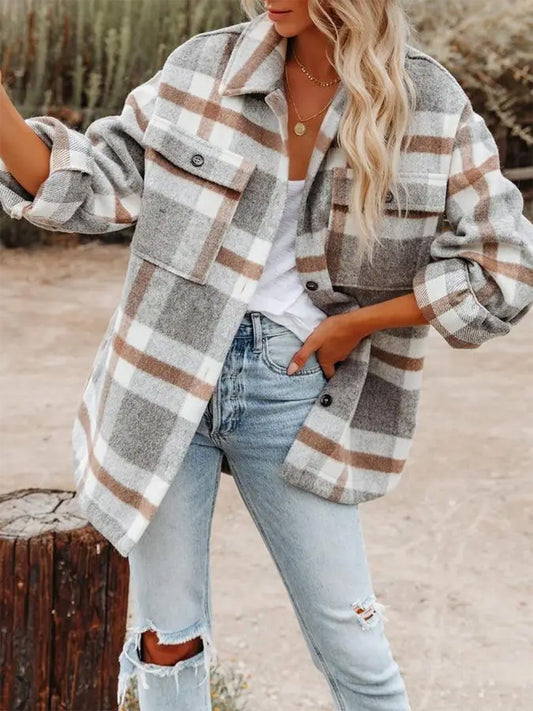 Casual Plaid Flap Pockets Shacket-light gray and brown