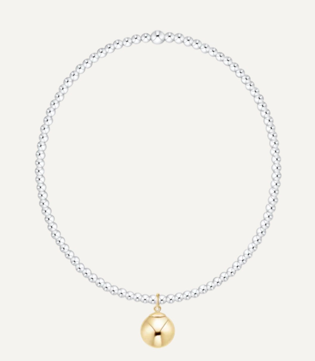 Classic Sterling Mixed Metal 2mm Beaded Bracelet 8mm Gold Charm