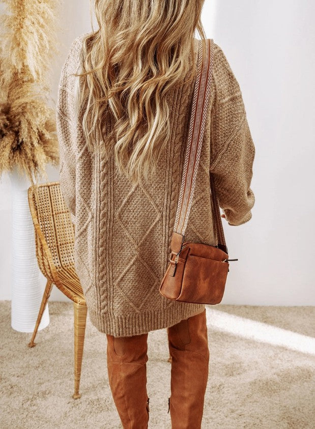 loose fitting sweater dress Parchment Twist Cable Knit Drop Shoulder Loose Fit Sweater Dress