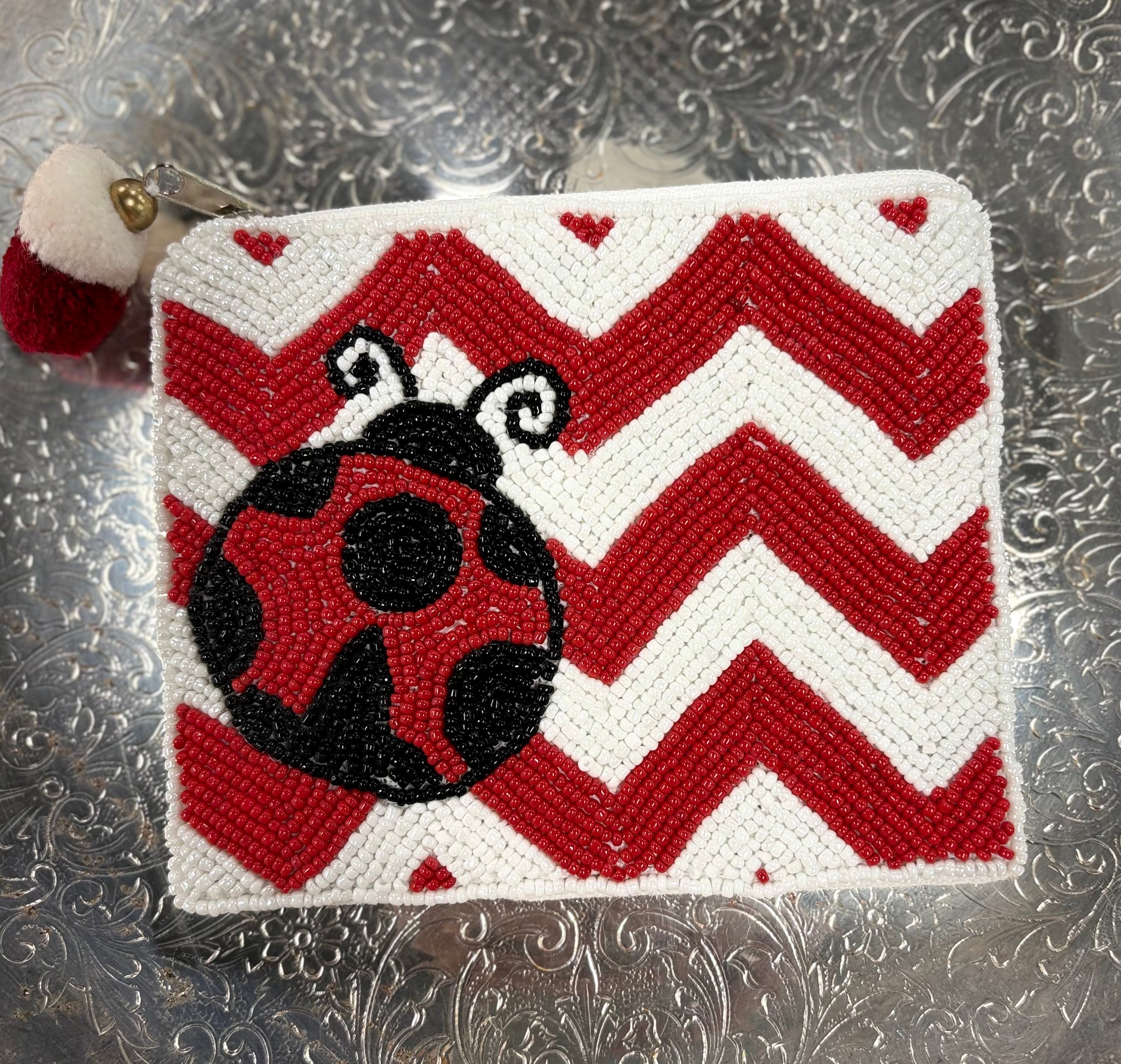 Lady Bug & Chevron Beaded Coin Purse
