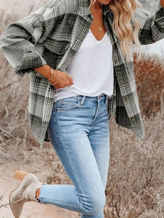 Casual Plaid Flap Pockets Shacket-medium Gray