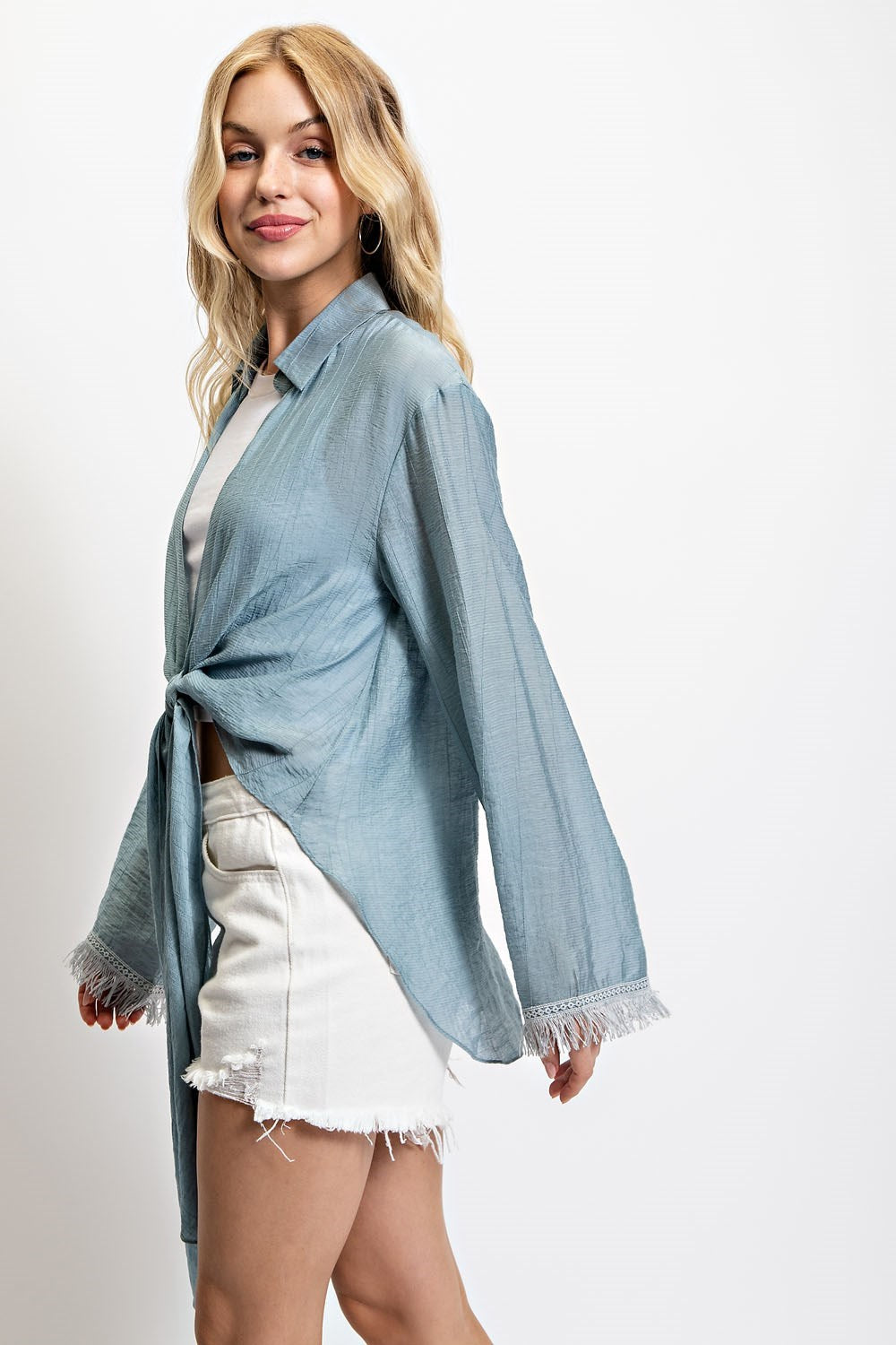 Frayed Hem Bell Sleeve Kimono