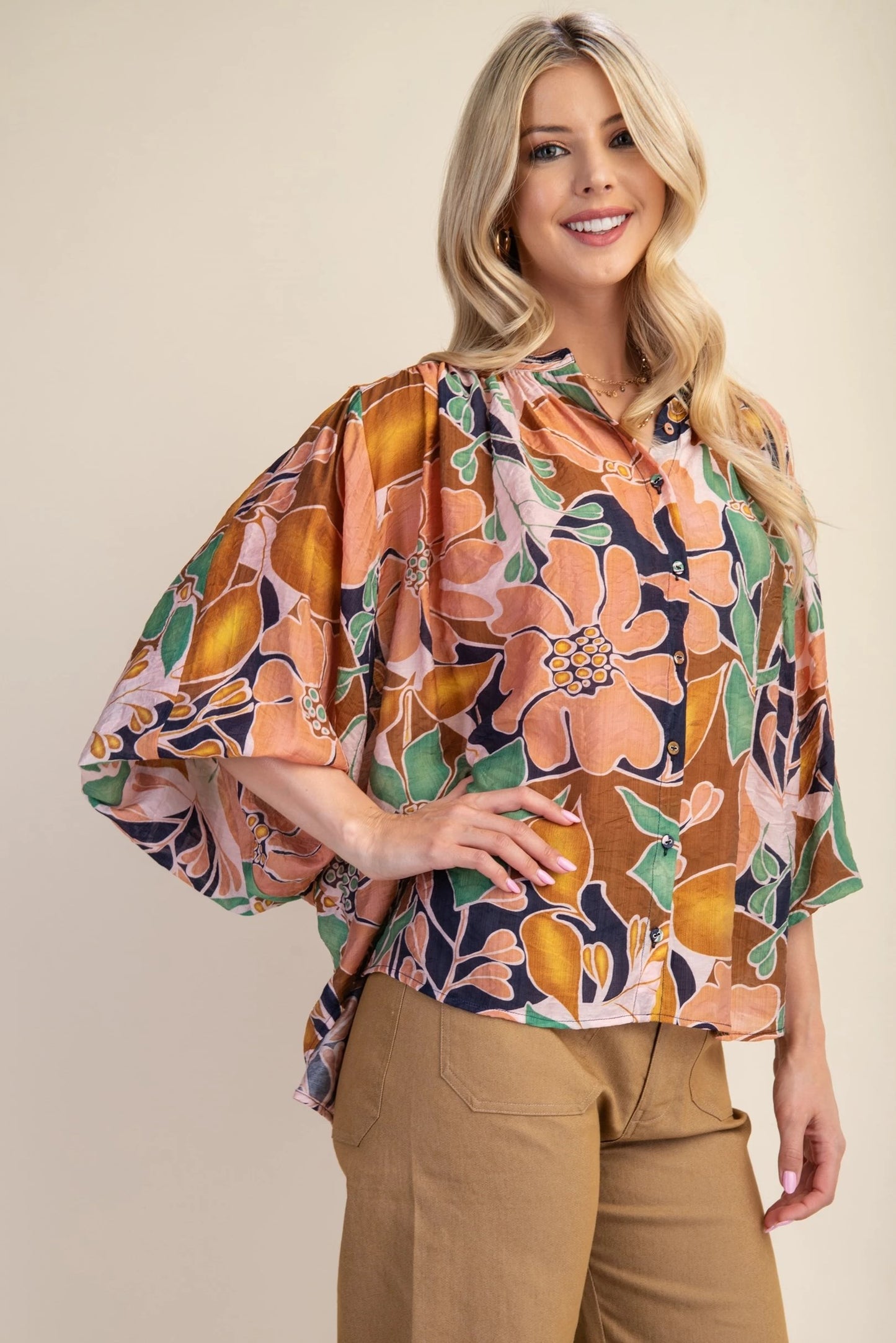 Batwing Blouse with Mandarin Collar