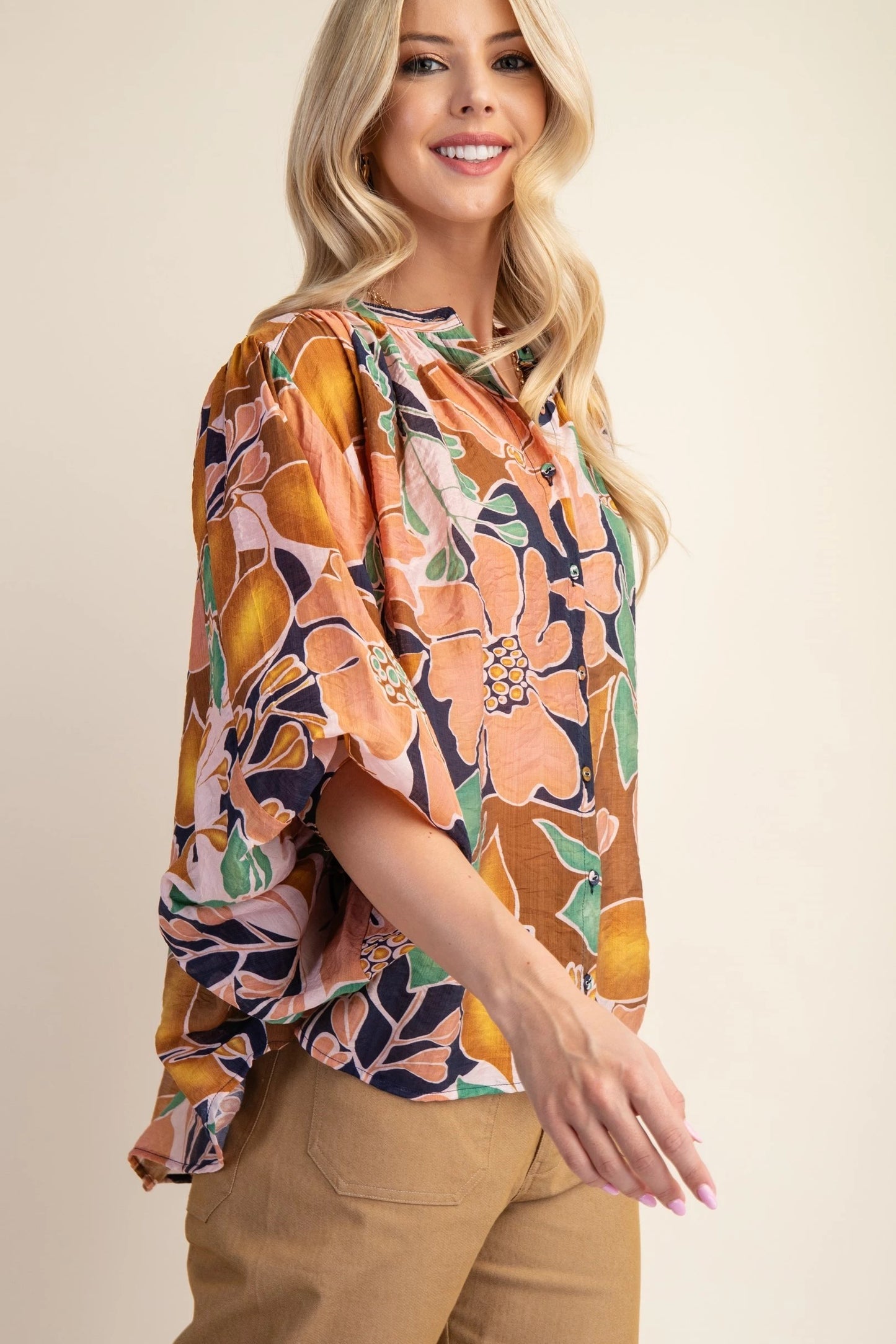 Batwing Blouse with Mandarin Collar