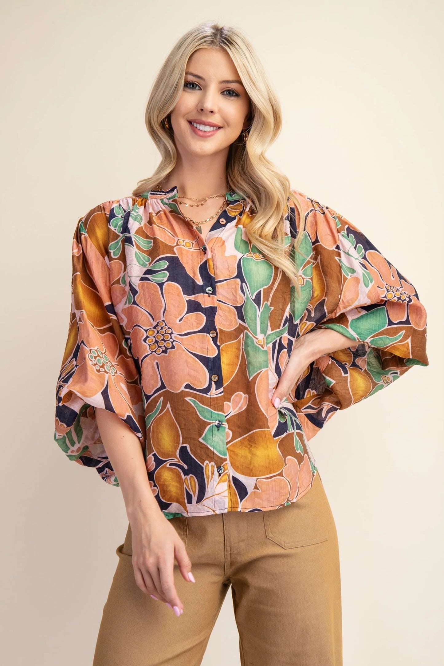 Batwing Blouse with Mandarin Collar