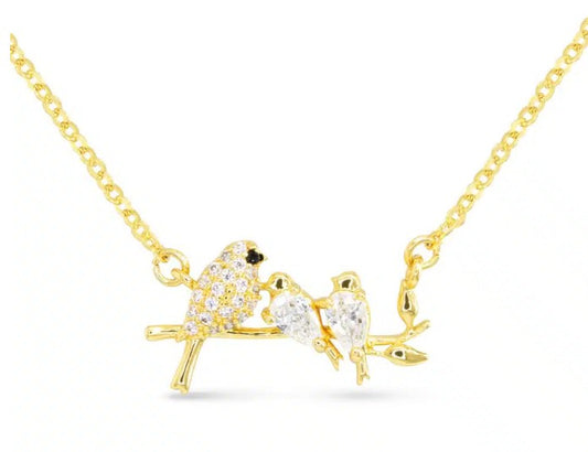 Gold CZ Three Birds on a Branch Necklace