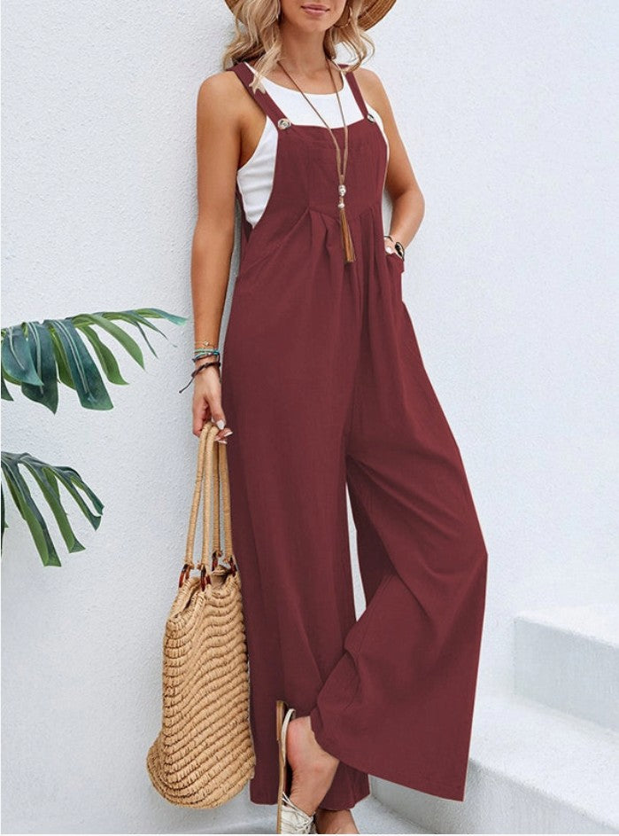 Loose Pleated Split-Joint Spaghetti Neck Overalls