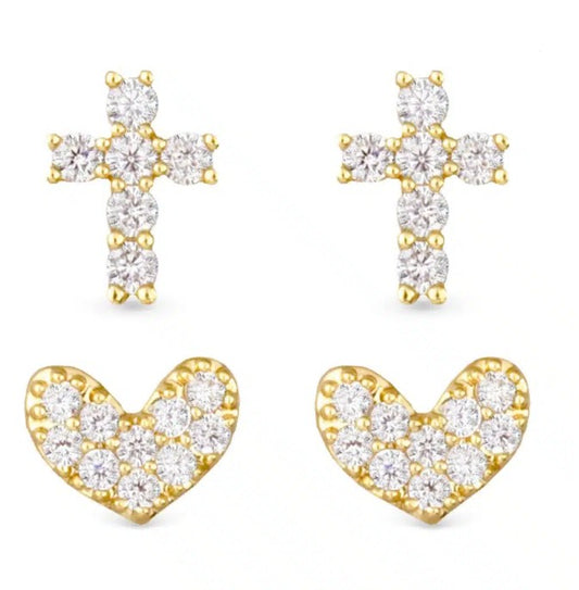 Pave Cross and Heart Duo Earring Set – Gold