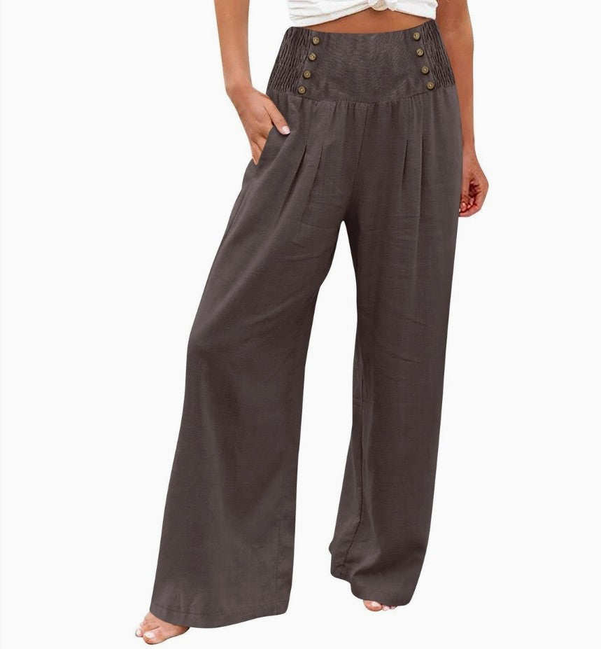 Women's High- Linen wide Leg Pants-Coffee